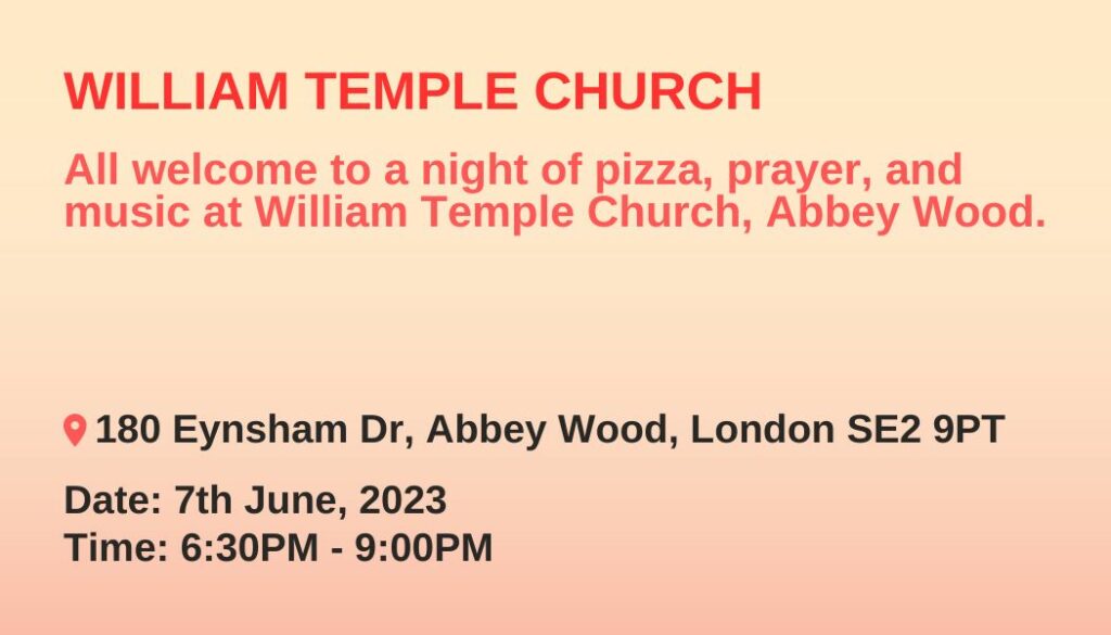 Event details for pizza and prayer night in Abbey Wood, 2023.